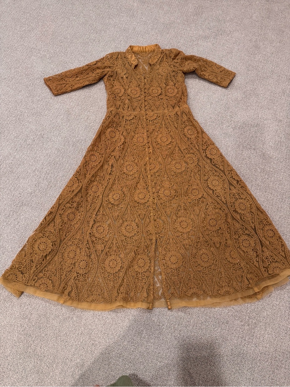 Lace Maxi Dress in Mustard with Button-Front Detail